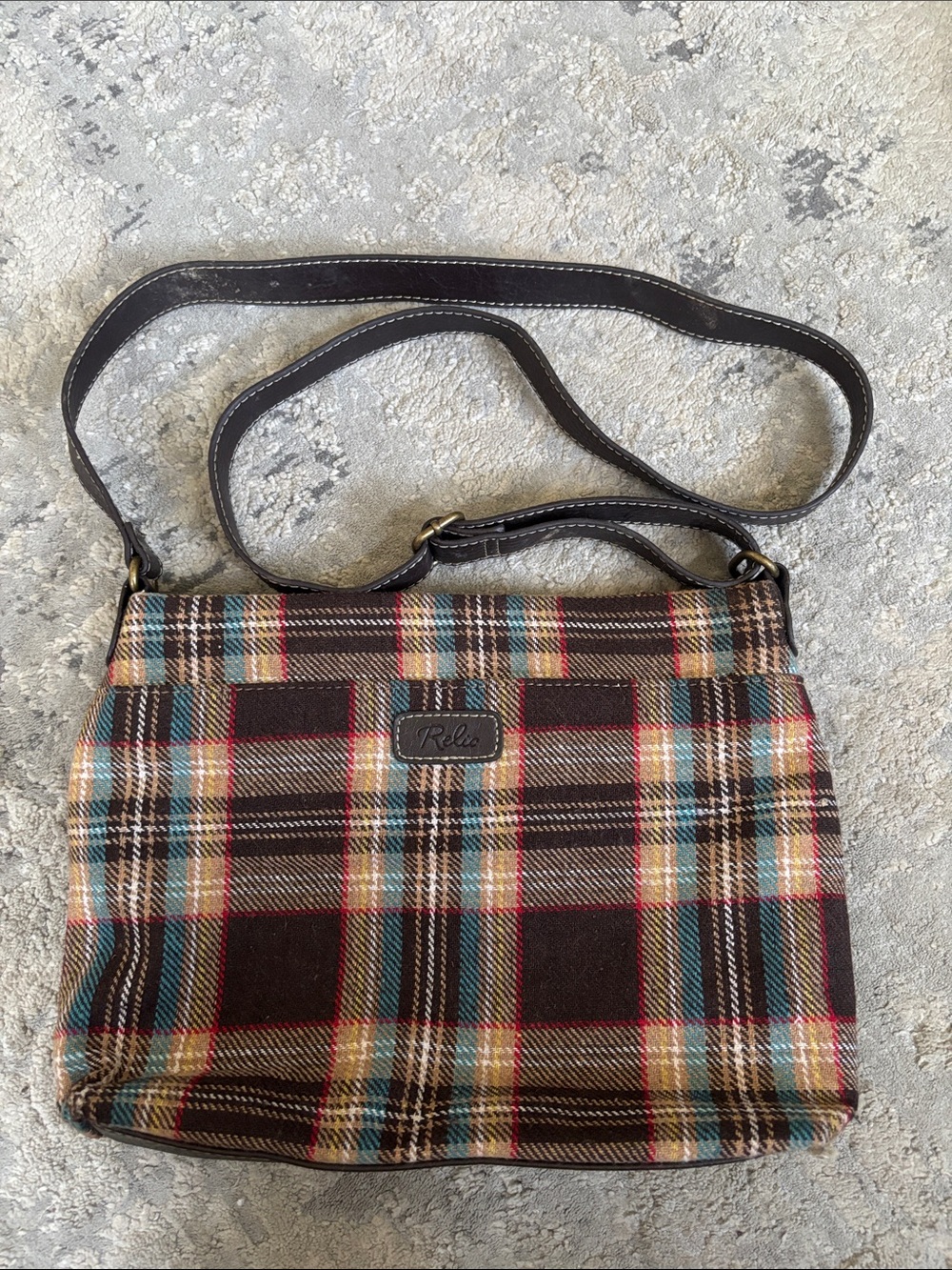 Relic Plaid Messenger Bag in Brown with Teal & Red Accents